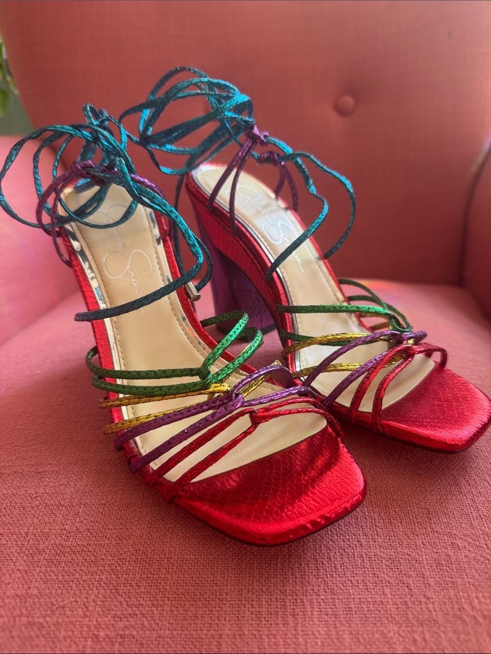 Jessica Simpson Red Metallic Multicolor Lace-Up Heels